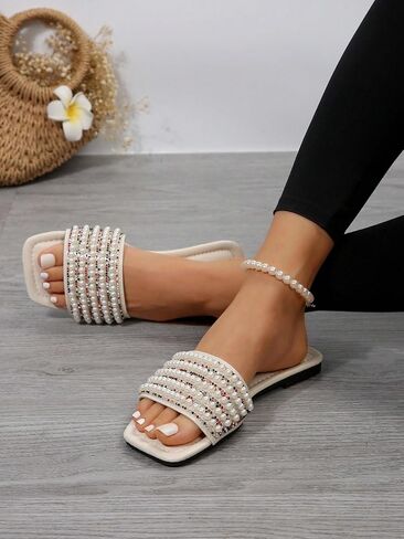 OYOANGLE Women's Pearl Rhinestone Decor Square Open Toe Sandals Slip on Dressy Leather Slides Sandals in Saudi Arabia