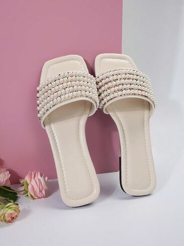 OYOANGLE Women's Pearl Rhinestone Decor Square Open Toe Sandals Slip on Dressy Leather Slides Sandals in Saudi Arabia