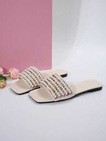 OYOANGLE Women's Pearl Rhinestone Decor Square Open Toe Sandals Slip on Dressy Leather Slides Sandals in Saudi Arabia