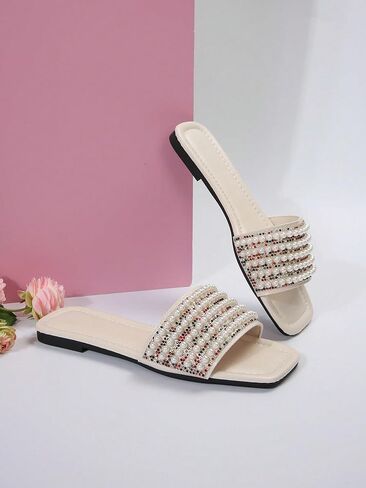 OYOANGLE Women's Pearl Rhinestone Decor Square Open Toe Sandals Slip on Dressy Leather Slides Sandals in Saudi Arabia