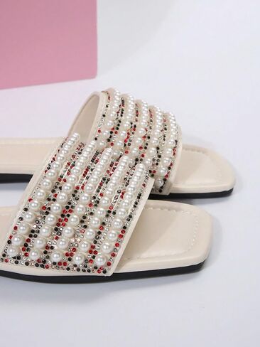 OYOANGLE Women's Pearl Rhinestone Decor Square Open Toe Sandals Slip on Dressy Leather Slides Sandals in Saudi Arabia
