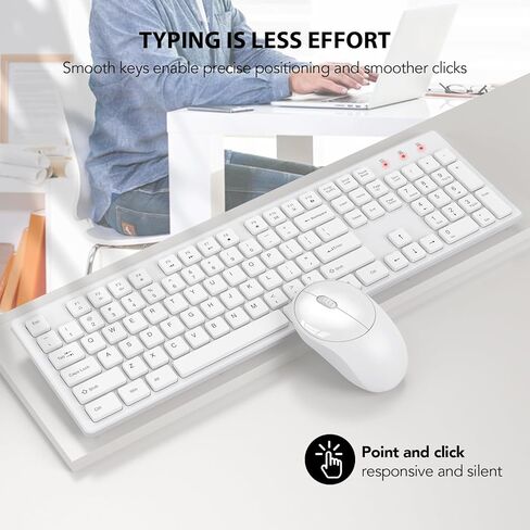 مجموعة لوحة مفاتيح وماوس لاسلكية، مجموعة ماوس لوحة مفاتيح USB لاسلكية كاملة الحجم، عمر بطارية طويل، اتصال مجاني بسرعة 2.4 جيجا هرتز، للكمبيوتر/الكمبيوتر المحمول/ويندوز/ماك، أبيض in Kuwait