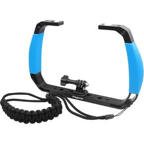 JN-092BL Underwater Diving Gear, Dual Cold Shoe Mount, Wrist Strap - Compatible with GoPro Hero 8 9 10 11 12 Hero DJI Osmo Action Black Aluminum Body U Handle (Blue)