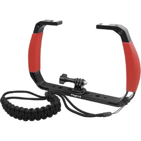 JN-092R Underwater Diving Gear, Dual Cold Shoe Mount, Wrist Strap - Compatible with GoPro Hero 8 9 10 11 12 Hero DJI Osmo Action Black Aluminum Body U Handle (Red)
