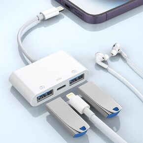 Lightning to 2*USB 3.0 Female OTG Camera Adapter and 1*Lightning Charging Port with iPhone14 13 12 11/iPad,for SD Card Reader/USB Flash Drive/Hard Disk/Keyboard/Mouse/Hubs/MIDI【Apple MFI Certified】