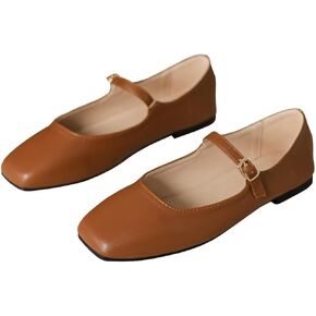 TN TANGNEST Women's Leather Flats Comfortable Square Toe Dress Flats Retro Soft Mary Jane Flats Light Brown 40(8) 2
