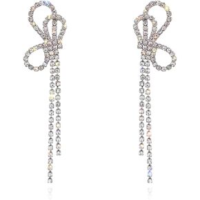Luxval Silver Bow Earrings for Women Sparkle Earrings Rhinestone Drop Earrings Long Silver Earrings Dangle Bling Bowknot Earrings Fashion Jewelry Gift