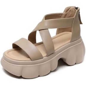 Women Genuine Leather Fish Mouth Slingback Platform Sandals Fashion Back Zipper Soft Sole Non-Slip Roman Boot Sandals Comfortable Lightweight Backless Causal Beach Walking Sandals