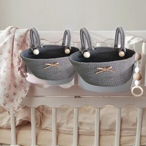 Crib Hanging Storage Organizer, Nursery Decor Storage Organizer, Bedside Cotton Basket for Diapers Items. Nursery storage, Crib hanging basket, Newborn organizer, Knitted Bow Basket (Beige, M)