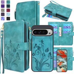 Lacass Case Wallet for Google Pixel 9 Pro XL 6.8 inch 2024, [12 Card Slots] ID Credit Cash Holder Zipper Pocket Detachable Leather Wallet Cover with Wrist Strap Lanyard（Floral Wine Red）