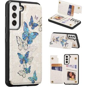 UEEBAI Wallet Case for Samsung Galaxy S21 5G with Card Holders, PU Leather Cover Kickstand RFID Blocking Double Magnetic Clasp Rilievo Flower Shockproof Flip Case for Women Girls - Tree Vine