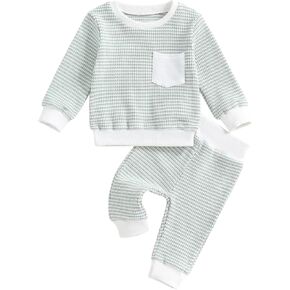 ZAXARRA Baby Boy Fall Clothes Long Sleeve Toddler Boy Waffle Sweatshirt Pullover Tops Pants Infant Fall Winter Outfits