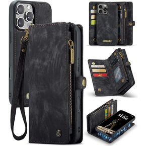 Kowauri Wallet Case for iPhone 16 Pro Max, Zipper Purse Folio Leather Wallet with Card Holder Wrist Strap Detachable Magnetic Shockproof Protective Back Case for iPhone 16 Pro Max 6.9 inch (Black)