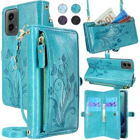 Lacass for Motorola Moto G 5G 2024 Case Wallet, [Cards Theft Scan Protection] Card Holder Zipper Leather Flip Cover Crossbody Wrist Strap with Stand(Floral Blue Green)
