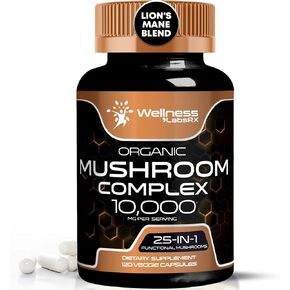 Organic Mushroom Supplement Capsules - 10000mg - 25 in 1 Mushroom Complex Capsules, Lion's Mane Mushroom Capsules - Turkey Tail Mushroom Capsules, Cordyceps, Reishi - 120 Count