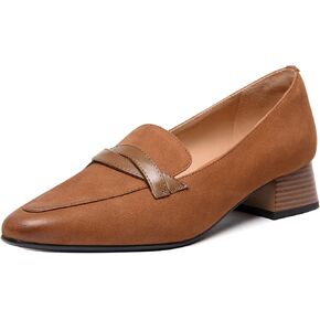 FEMSTEP Women's Loafer Square Toe Slip On Casual Office Matte Leather Chunky Low Heel Formal Shoes 1.5 Inch
