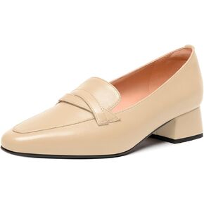 FEMSTEP Women's Loafer Square Toe Slip On Casual Office Matte Leather Chunky Low Heel Formal Shoes 1.5 Inch