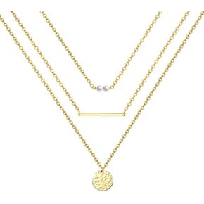 قلادة Harlorki Dainty بسيطة مطلية بالذهب عيار 14 قيراط بسلسلة من الطبقات وقلادة دائرية على شكل قرص مطروق هدية مجوهرات أنيقة للنساء والسيدات والبنات in Kuwait