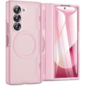Caka for Samsung Galaxy Z Fold 6 Case [Wireless Charging] [Hinge Protection] [Built-in HD Screen Protector] Translucent Hard Shockproof Magnetic Magnet Phone Cover for Fold6 - Pink