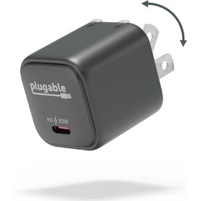 Plugable GaN USB C Charger Block, 30W Portable Charger, Foldable Prongs, PPS USBC Fast Charger for iPhone 14, iPad Pro, Samsung Galaxy S23 and More (Cable Not Included) - Black