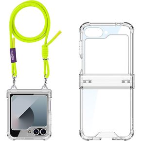 DEMCERT for Samsung Galaxy Z Flip 6 Case with Crossbody Shoulder, Hinge Protection Clear Case with Built-in Screen Protector, Adjustable Shoulder Strap Thin Transparent Case (Green)
