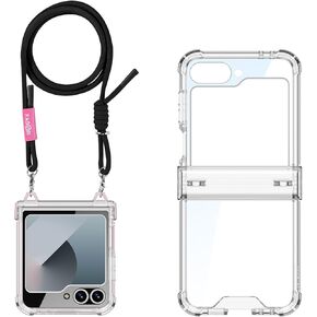 DEMCERT for Samsung Galaxy Z Flip 6 Case with Crossbody Shoulder, Hinge Protection Clear Case with Built-in Screen Protector, Adjustable Shoulder Strap Thin Transparent Case (Green)