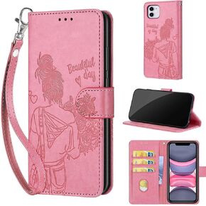Designed for iPhone 11 Case Wallet,Women Flip Folio Cover with Embossed PU Leather Stand Credit Card Holders Slots Wrist Strap Phone Case for iPhone 11 6.1 Inch(Rose Gold)