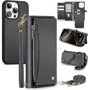 Wallet Case for iPhone 16 Pro with Card Holder/Crossbody Wallet/Strap,[RFID Blocking][Magnetic] PU Leather Shockproof Protective Cover iPhone 16 Pro Phone Case,6.1in,Black