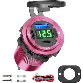 【Green LED】 78W 12V USB Outlet Qidoe USB Charger Socket Dual PD 30W & 18W Quick Charge 3.0 with Voltmeter Metal Body Switch Waterproof Car Charger for Car Boat Marine RV