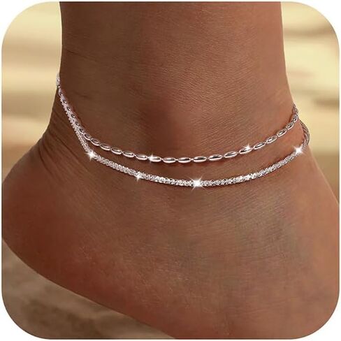 Ankle Bracelets for Women Heart Anklet Bracelets Layered Sterling Silver Shining Tennis Anklet Link with Cubic Zirconia Summer Beach Foot Chain for Women Girls Trendy Jewelry Gifts Graduation and Mother's Day Gifts in Kuwait