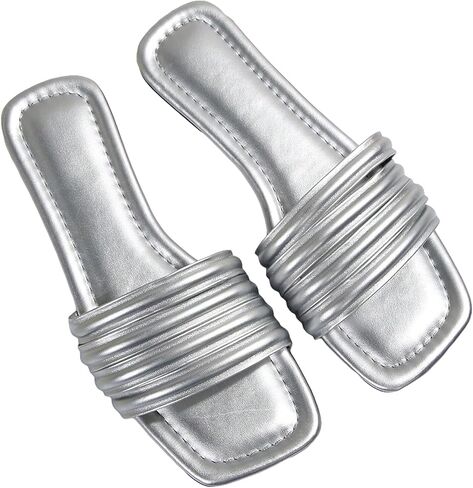 OYOANGLE Women's Glamorous Metallic Multi Strap Slide Sandals Open Toe Flat Sandals Square Toe Slippers in Saudi Arabia