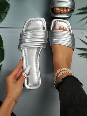 OYOANGLE Women's Glamorous Metallic Multi Strap Slide Sandals Open Toe Flat Sandals Square Toe Slippers in Saudi Arabia