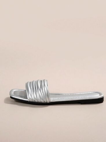 OYOANGLE Women's Glamorous Metallic Multi Strap Slide Sandals Open Toe Flat Sandals Square Toe Slippers in Saudi Arabia