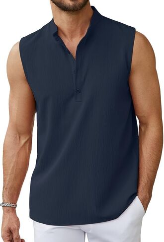 قمصان شاطئ بدون أكمام للرجال، تي شيرت صيفي كاجوال بدون أكمام بأزرار سفلية من Henley in Kuwait