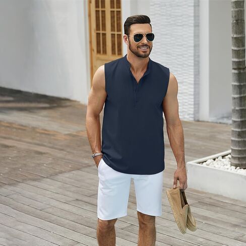 قمصان شاطئ بدون أكمام للرجال، تي شيرت صيفي كاجوال بدون أكمام بأزرار سفلية من Henley in Kuwait