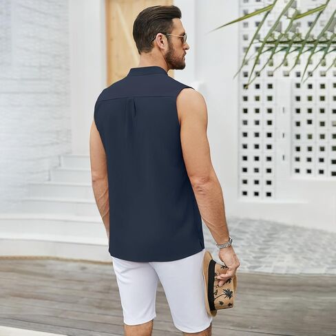 قمصان شاطئ بدون أكمام للرجال، تي شيرت صيفي كاجوال بدون أكمام بأزرار سفلية من Henley in Kuwait