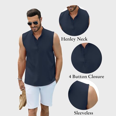 قمصان شاطئ بدون أكمام للرجال، تي شيرت صيفي كاجوال بدون أكمام بأزرار سفلية من Henley in Kuwait