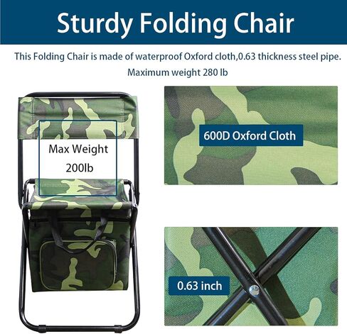 كرسي تخييم محمول قابل للطي مع حقيبة تبريد مع مسند ظهر ومقعد صيد وحقيبة ظهر لصيد الأسماك والمشي لمسافات طويلة والصيد (أخضر) in Kuwait