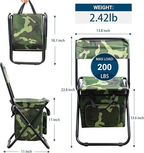كرسي تخييم محمول قابل للطي مع حقيبة تبريد مع مسند ظهر ومقعد صيد وحقيبة ظهر لصيد الأسماك والمشي لمسافات طويلة والصيد (أخضر) in Kuwait