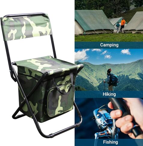 كرسي تخييم محمول قابل للطي مع حقيبة تبريد مع مسند ظهر ومقعد صيد وحقيبة ظهر لصيد الأسماك والمشي لمسافات طويلة والصيد (أخضر) in Kuwait