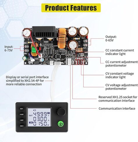 MakerHawk DC Buck Converter 1430W 6-75V to 0-65V 0-22A Stepdown Voltage Regulator with Cooling Fan, Constant Voltage and Constant Current Buck Module, DC Regulated Power Supply in Kuwait