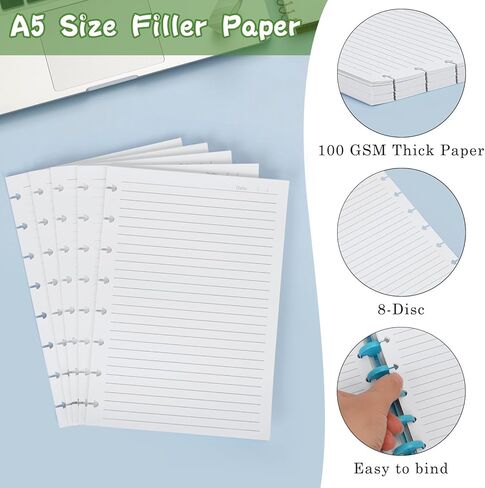 During Junior Size Discbound Refill Paper, 8-Disc Loose Leaf Refillable Lined Filler Paper A5 Discbound 100gsm Thick Planner Inserts,100 Sheets /200pages,5 Colors,5.8" x 8.2" in Kuwait