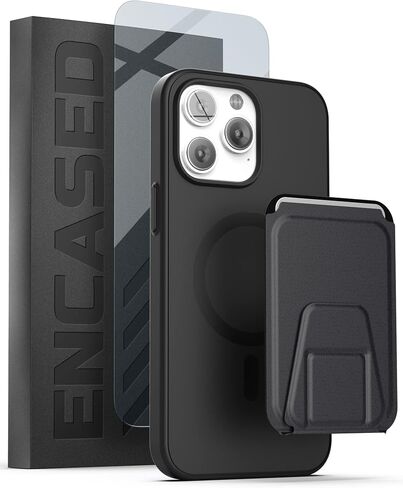ENCASED MAG SlimShield with Card Holder for iPhone 14 PRO Magnetic Case with Screen Protector (3-in-1) Compatible with MagSafe, Flip Kickstand Wallet (Black) in Saudi Arabia