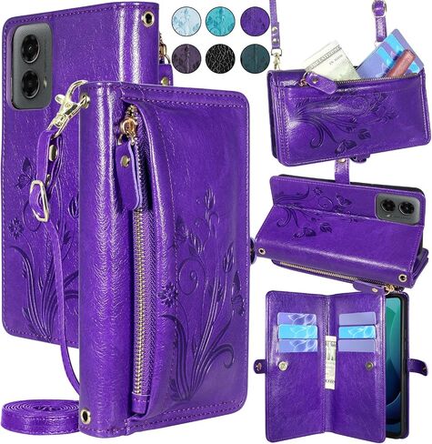 Lacass for Motorola Moto G 5G 2024 Case Wallet, [Cards Theft Scan Protection] Card Holder Zipper Leather Flip Cover Crossbody Wrist Strap with Stand(Floral Blue Green) in Saudi Arabia