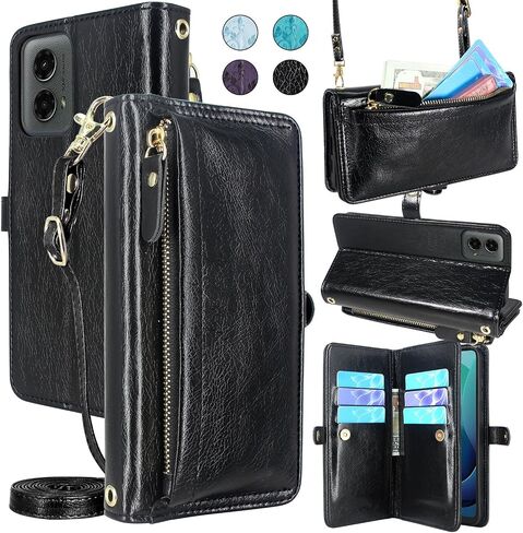 Lacass for Motorola Moto G 5G 2024 Case Wallet, [Cards Theft Scan Protection] Card Holder Zipper Leather Flip Cover Crossbody Wrist Strap with Stand(Floral Blue Green) in Saudi Arabia
