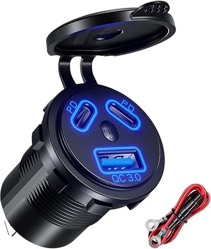 Car Quick Charge, 3.0 USB Charger Socket & Dual PD Type-C Ports, USB Cigartte Lighter Socket with ON/Off Switch DIY Kit, Waterproof Car Charger for Car Boat Marine RV ATV Golf (Blue) in Saudi Arabia