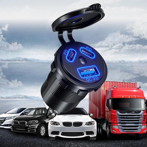 Car Quick Charge, 3.0 USB Charger Socket & Dual PD Type-C Ports, USB Cigartte Lighter Socket with ON/Off Switch DIY Kit, Waterproof Car Charger for Car Boat Marine RV ATV Golf (Blue) in Saudi Arabia