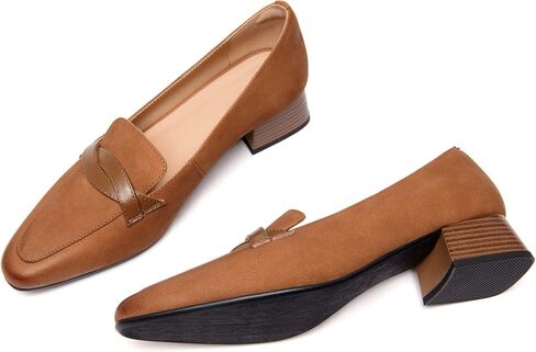 FEMSTEP Women's Loafer Square Toe Slip On Casual Office Matte Leather Chunky Low Heel Formal Shoes 1.5 Inch in Saudi Arabia