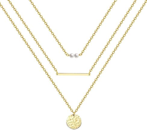 قلادة Harlorki Dainty بسيطة مطلية بالذهب عيار 14 قيراط بسلسلة من الطبقات وقلادة دائرية على شكل قرص مطروق هدية مجوهرات أنيقة للنساء والسيدات والبنات in Kuwait