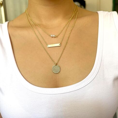 قلادة Harlorki Dainty بسيطة مطلية بالذهب عيار 14 قيراط بسلسلة من الطبقات وقلادة دائرية على شكل قرص مطروق هدية مجوهرات أنيقة للنساء والسيدات والبنات in Kuwait